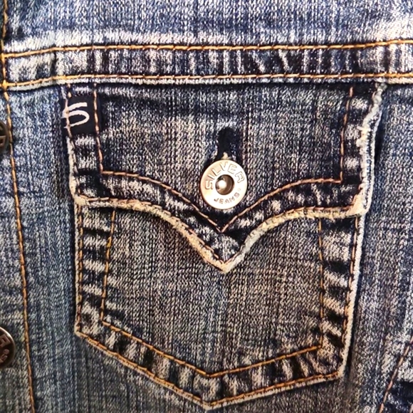 Y2K Silver Jeans Denim Button Up Cropped Fitted Jacket Women's Size Large - Picture 6 of 15